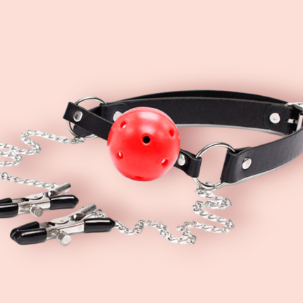Mordaza Ball Gag con Pezonera Negro
