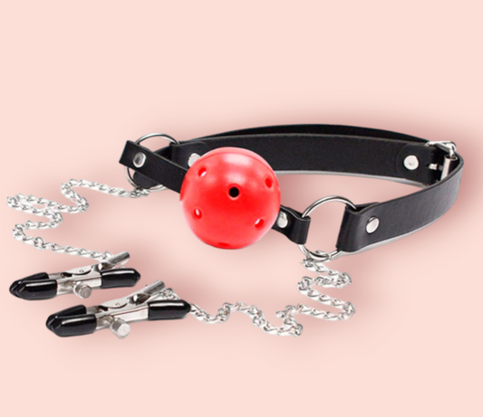 Mordaza Ball Gag con Pezonera Negro