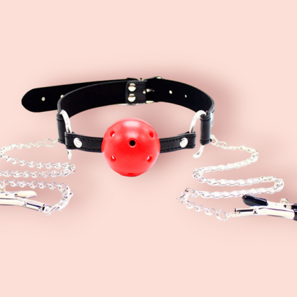 Mordaza Ball Gag con Pezonera Negro