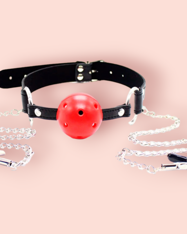 Mordaza Ball Gag con Pezonera Negro