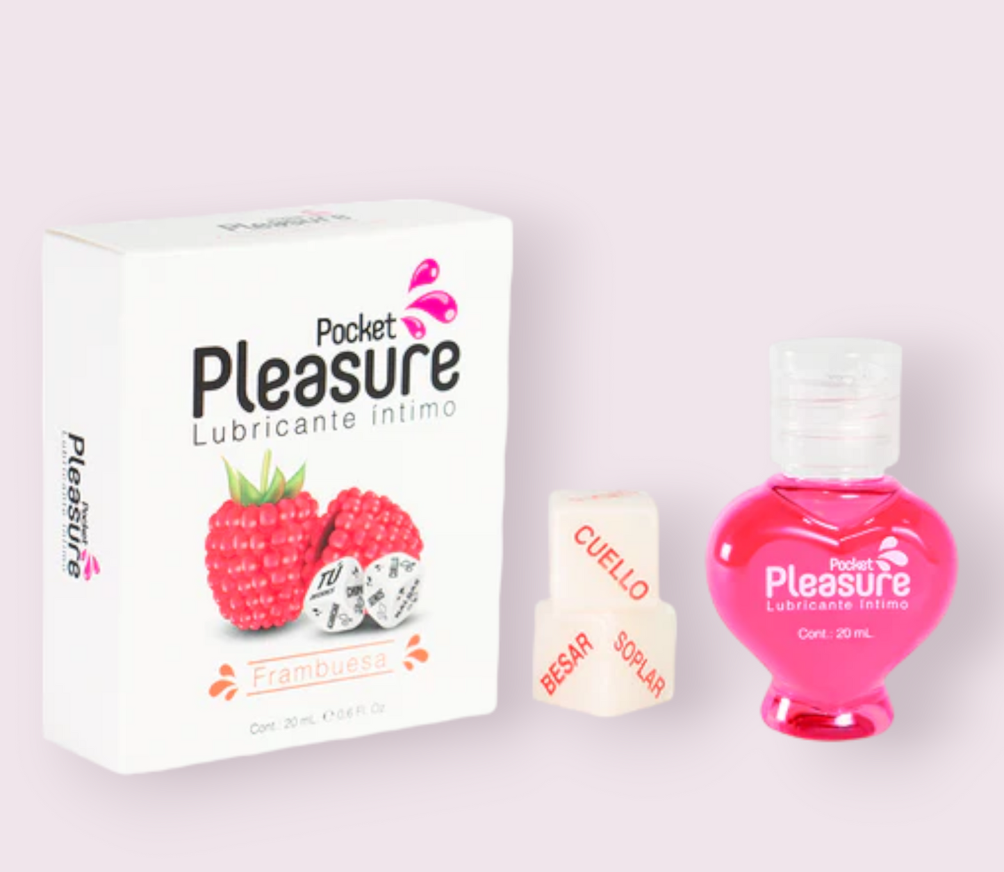 Lubricante Caliente Pocket Pleasure con dados 20 ml Frambueza